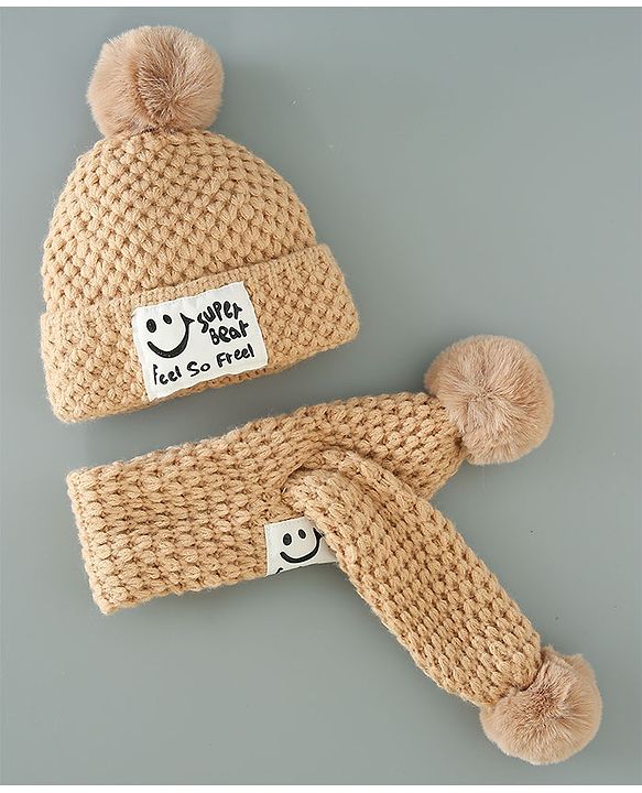 Babyhug Woolen Cap & Muffler Set Brown - Diameter 11.5 cm