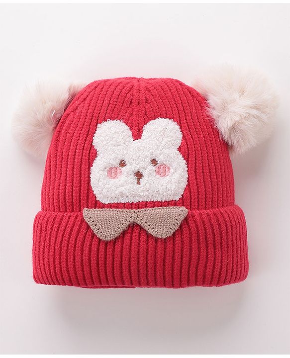 Babyhug Woollen Cap With Bear Face Applique - Red