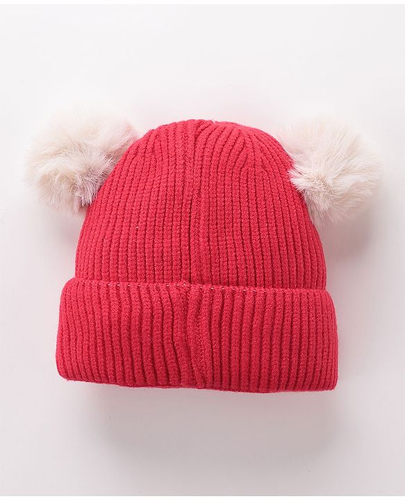 Babyhug Woollen Cap With Bear Face Applique - Red