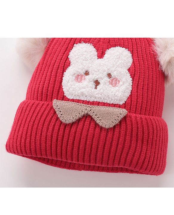 Babyhug Woollen Cap With Bear Face Applique - Red