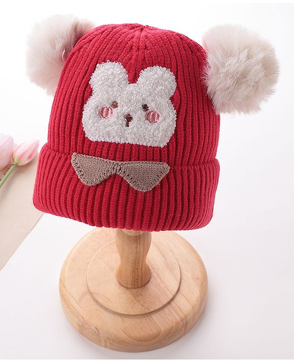 Babyhug Woollen Cap With Bear Face Applique - Red