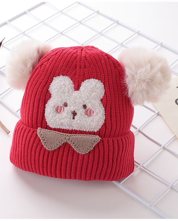 Babyhug Woollen Cap With Bear Face Applique - Red