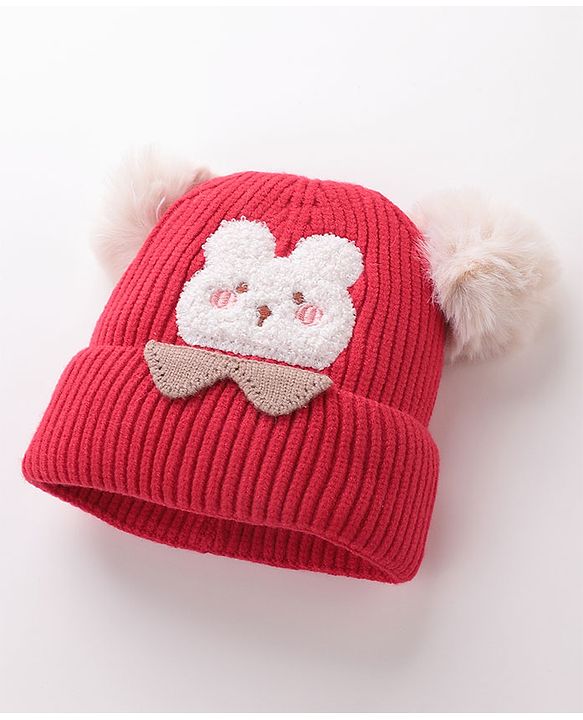 Babyhug Woollen Cap With Bear Face Applique - Red