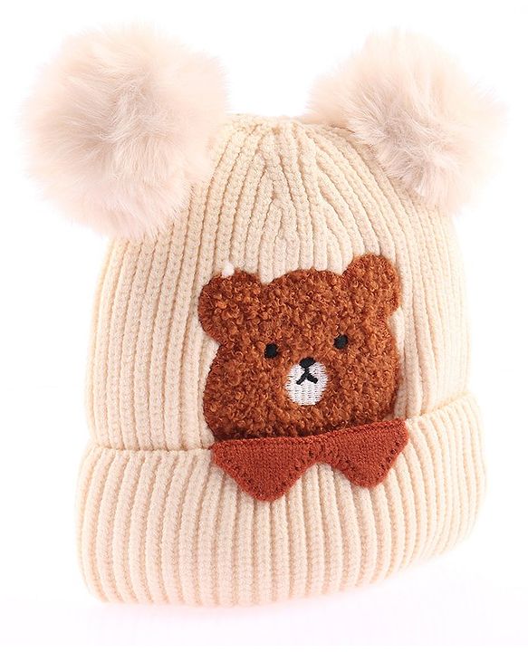Babyhug Woollen Cap With Bear Face Applique - Beige