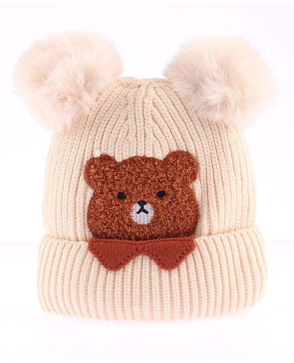 Babyhug Woollen Cap With Bear Face Applique - Beige