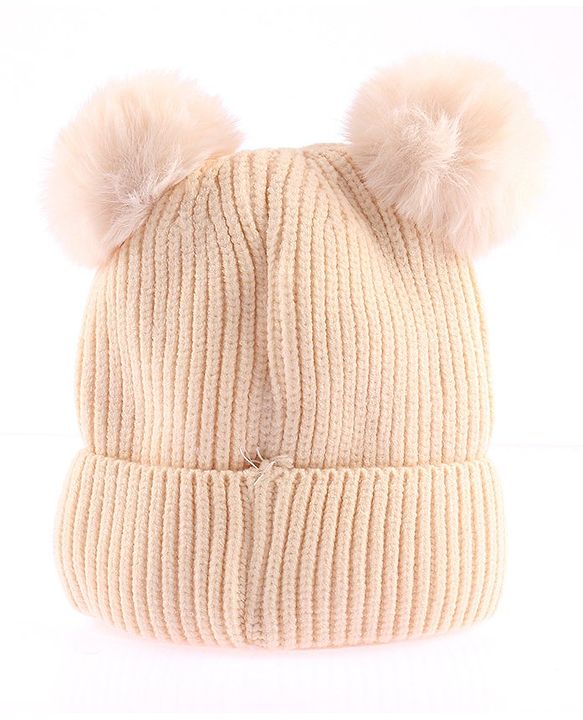 Babyhug Woollen Cap With Bear Face Applique - Beige