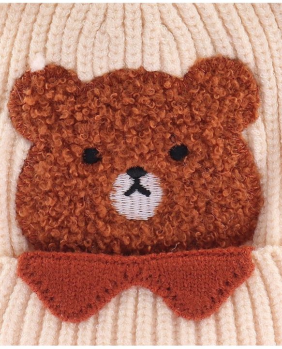 Babyhug Woollen Cap With Bear Face Applique - Beige