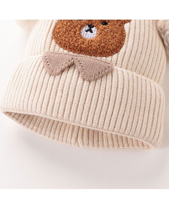 Babyhug Woollen Cap With Bear Face Applique - Beige