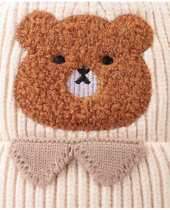 Babyhug Woollen Cap With Bear Face Applique - Beige