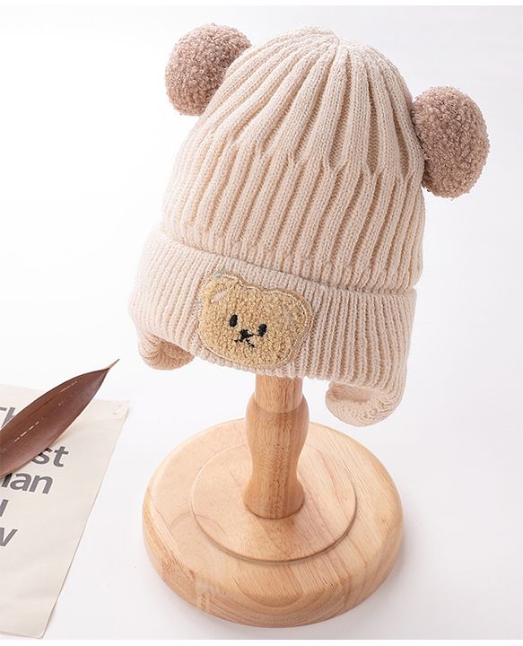 Babyhug Pom Pom Woolen Cap Bear Patch Design - Beige