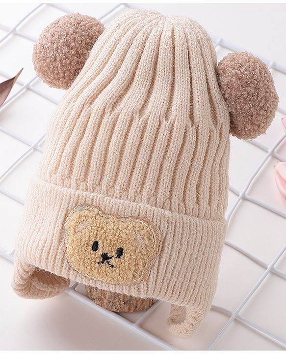 Babyhug Pom Pom Woolen Cap Bear Patch Design - Beige