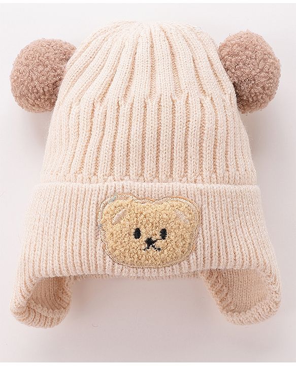 Babyhug Pom Pom Woolen Cap Bear Patch Design - Beige