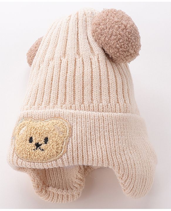 Babyhug Pom Pom Woolen Cap Bear Patch Design - Beige