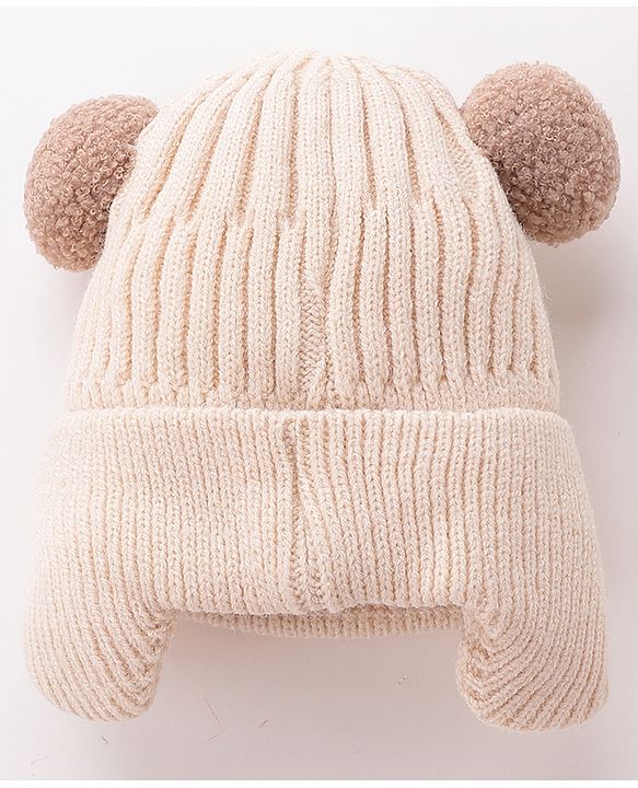 Babyhug Pom Pom Woolen Cap Bear Patch Design - Beige