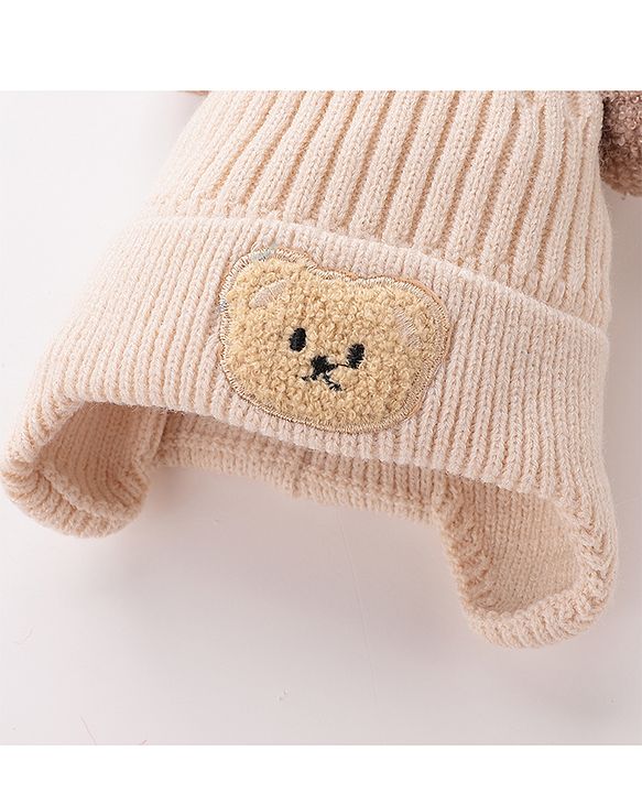 Babyhug Pom Pom Woolen Cap Bear Patch Design - Beige