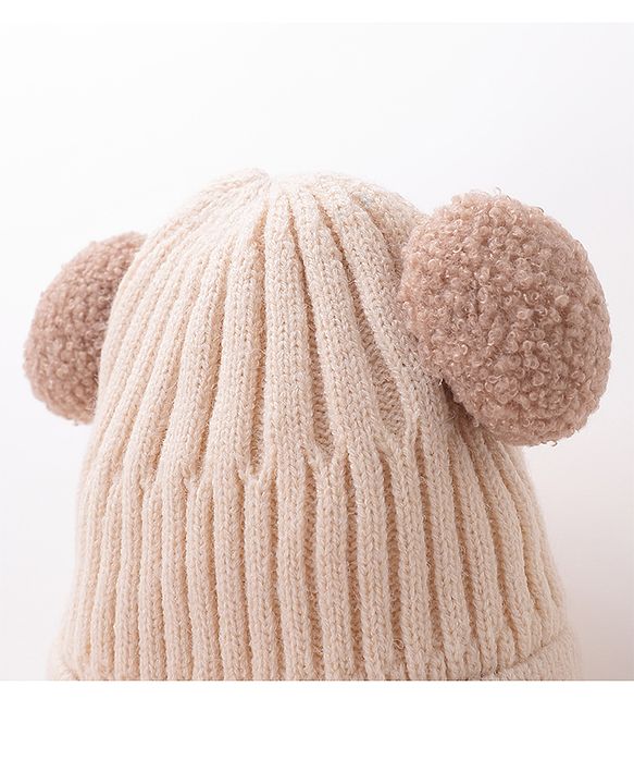 Babyhug Pom Pom Woolen Cap Bear Patch Design - Beige