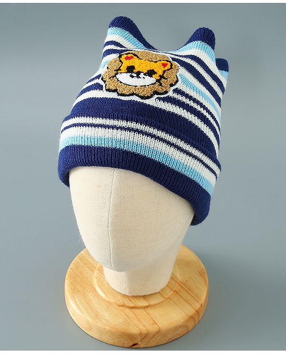 Babyhug Woollen Cap With Stripes & Lion Design - Multicolor
