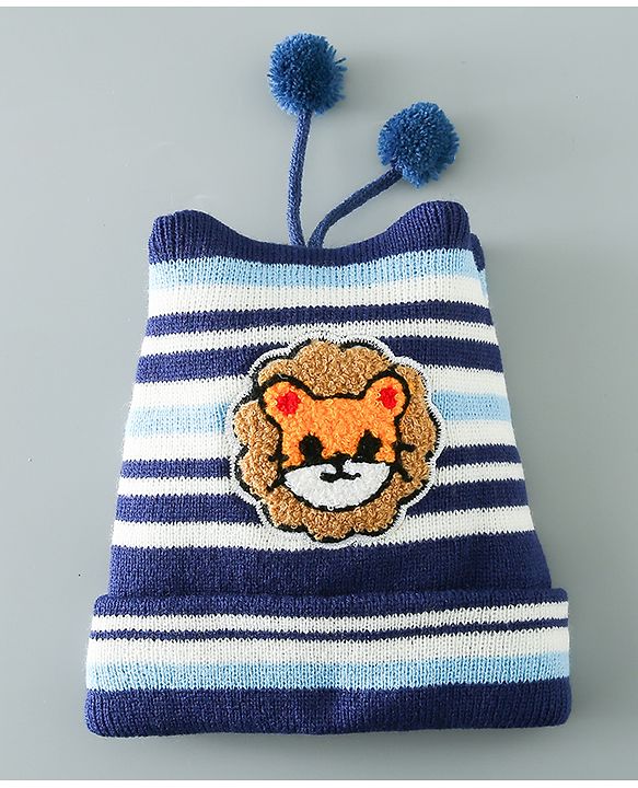 Babyhug Woollen Cap With Stripes & Lion Design - Multicolor