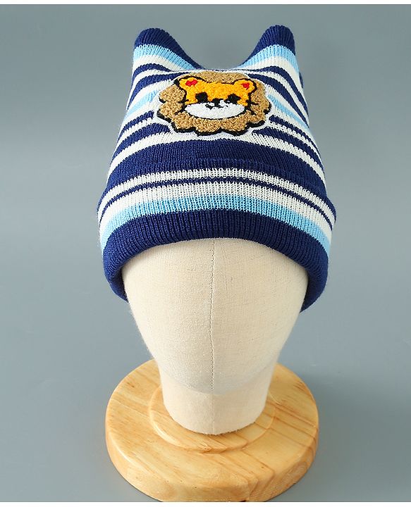 Babyhug Woollen Cap With Stripes & Lion Design - Multicolor