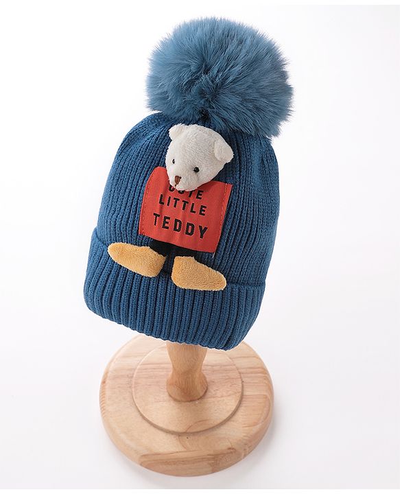 Babyhug Pom Pom Woollen Cap Teddy Applique - Blue