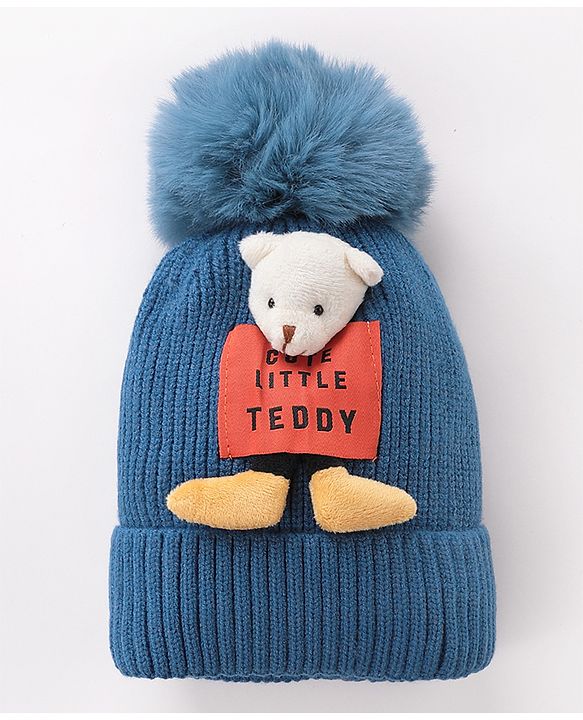 Babyhug Pom Pom Woollen Cap Teddy Applique - Blue