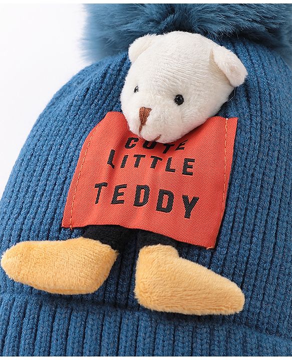 Babyhug Pom Pom Woollen Cap Teddy Applique - Blue