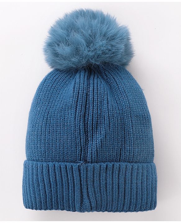 Babyhug Pom Pom Woollen Cap Teddy Applique - Blue
