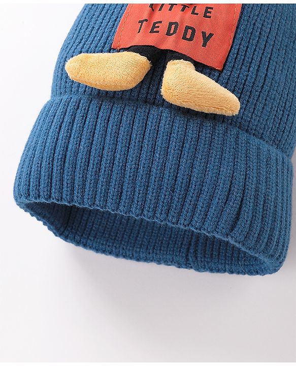 Babyhug Pom Pom Woollen Cap Teddy Applique - Blue