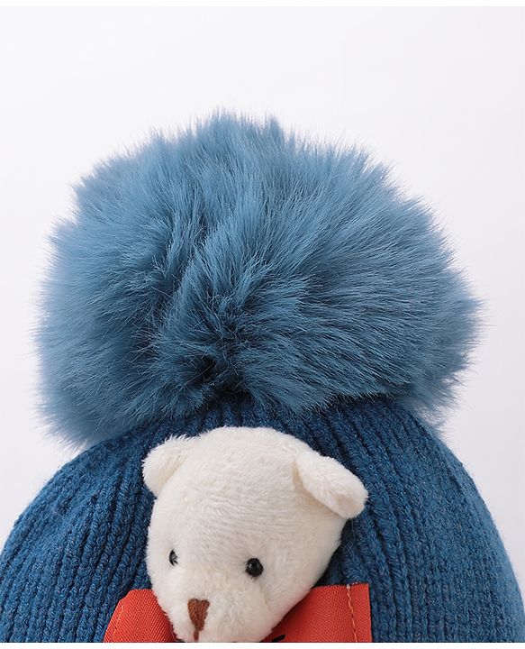 Babyhug Pom Pom Woollen Cap Teddy Applique - Blue