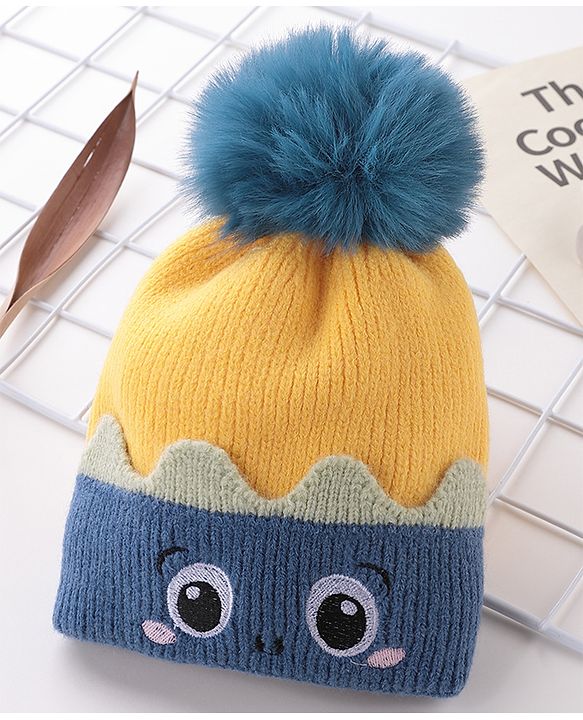 Babyhug Pom Pom Woolen Cap Cartoon Design - Blue & Yellow
