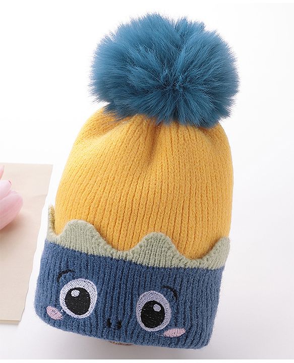 Babyhug Pom Pom Woolen Cap Cartoon Design - Blue & Yellow