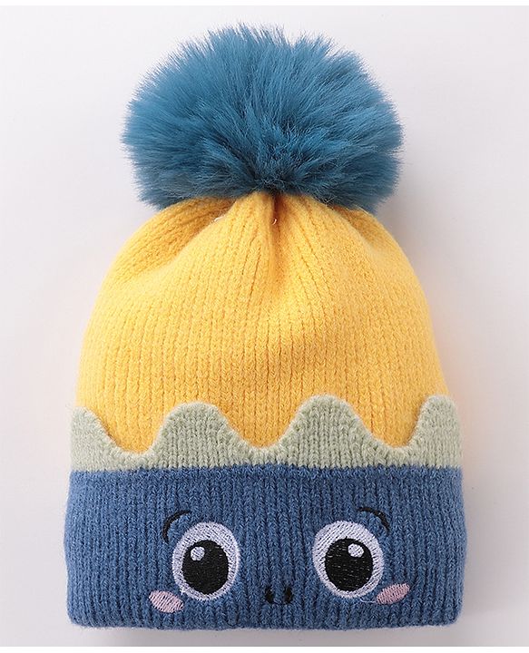 Babyhug Pom Pom Woolen Cap Cartoon Design - Blue & Yellow