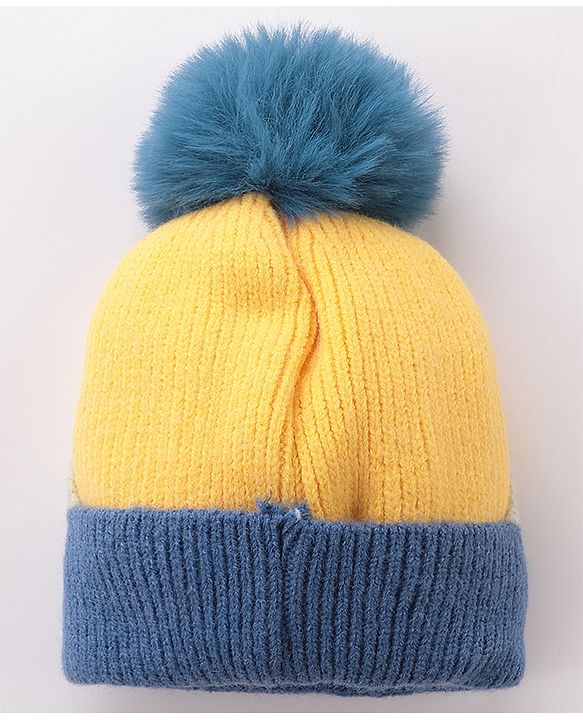 Babyhug Pom Pom Woolen Cap Cartoon Design - Blue & Yellow