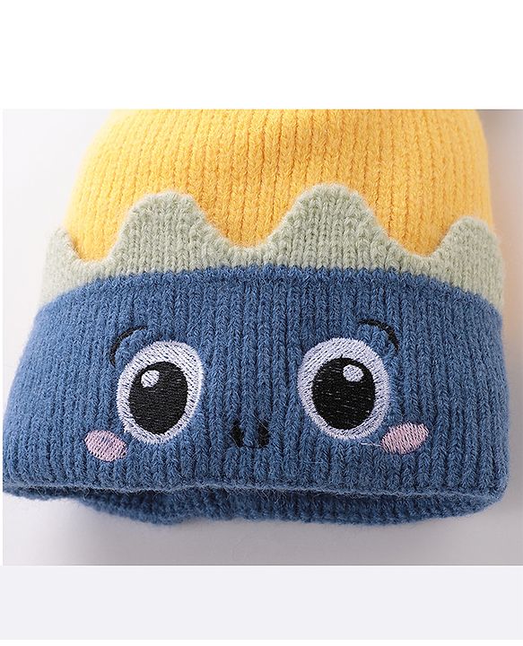 Babyhug Pom Pom Woolen Cap Cartoon Design - Blue & Yellow
