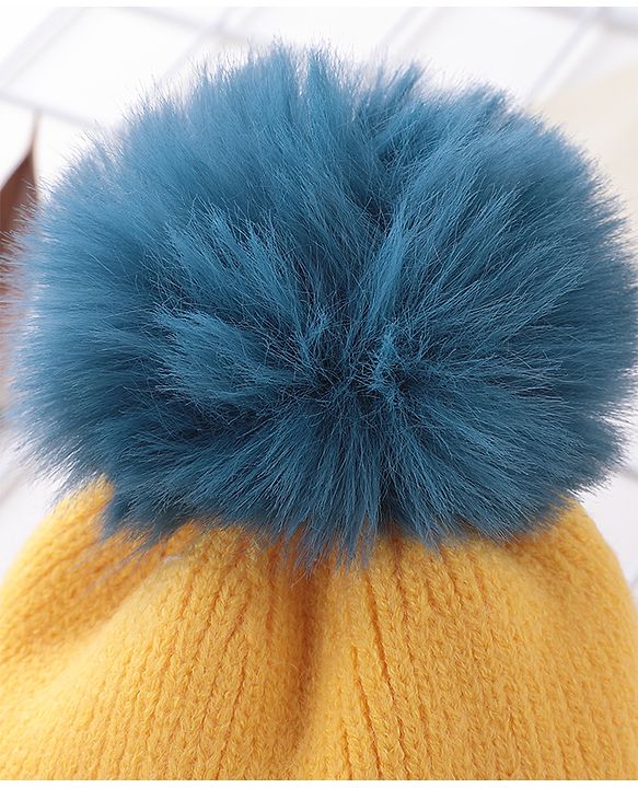 Babyhug Pom Pom Woolen Cap Cartoon Design - Blue & Yellow
