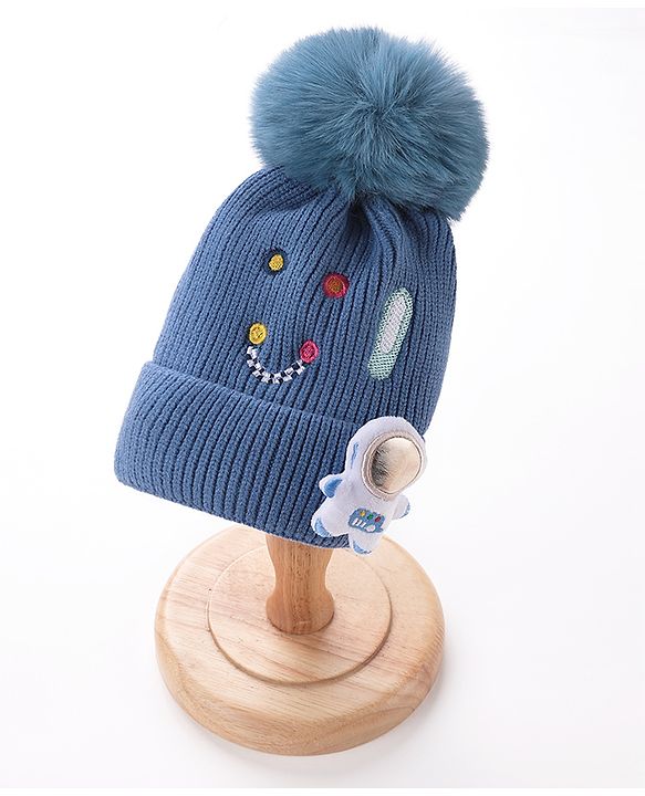 Babyhug Pom Pom Woollen Cap Smiley Embroidery - Blue