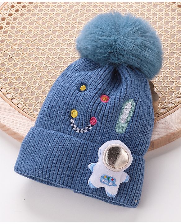 Babyhug Pom Pom Woollen Cap Smiley Embroidery - Blue