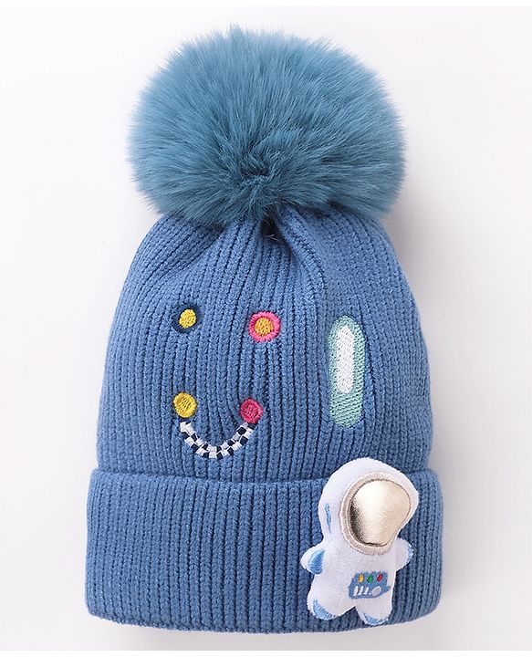 Babyhug Pom Pom Woollen Cap Smiley Embroidery - Blue
