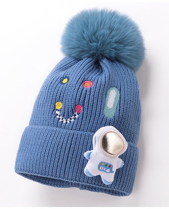 Babyhug Pom Pom Woollen Cap Smiley Embroidery - Blue