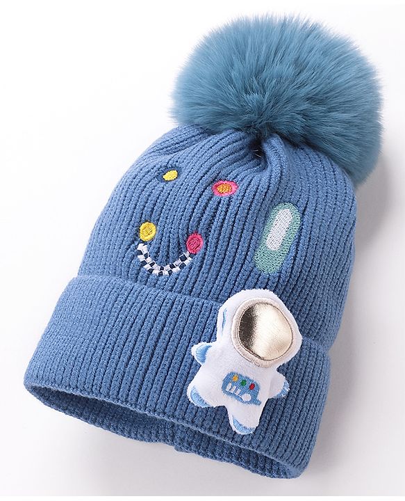 Babyhug Pom Pom Woollen Cap Smiley Embroidery - Blue