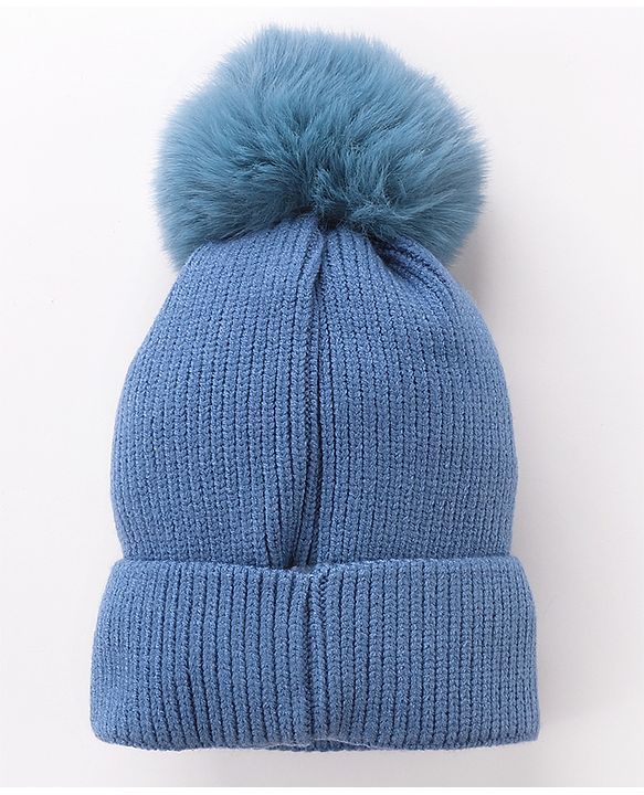Babyhug Pom Pom Woollen Cap Smiley Embroidery - Blue