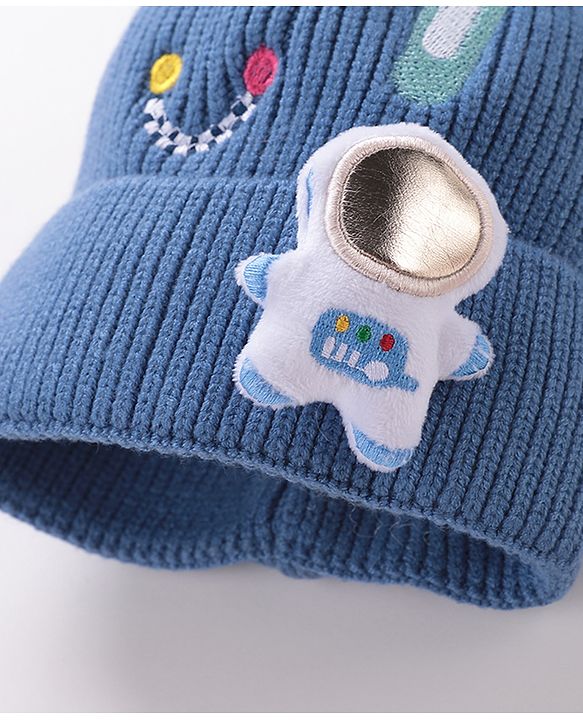 Babyhug Pom Pom Woollen Cap Smiley Embroidery - Blue