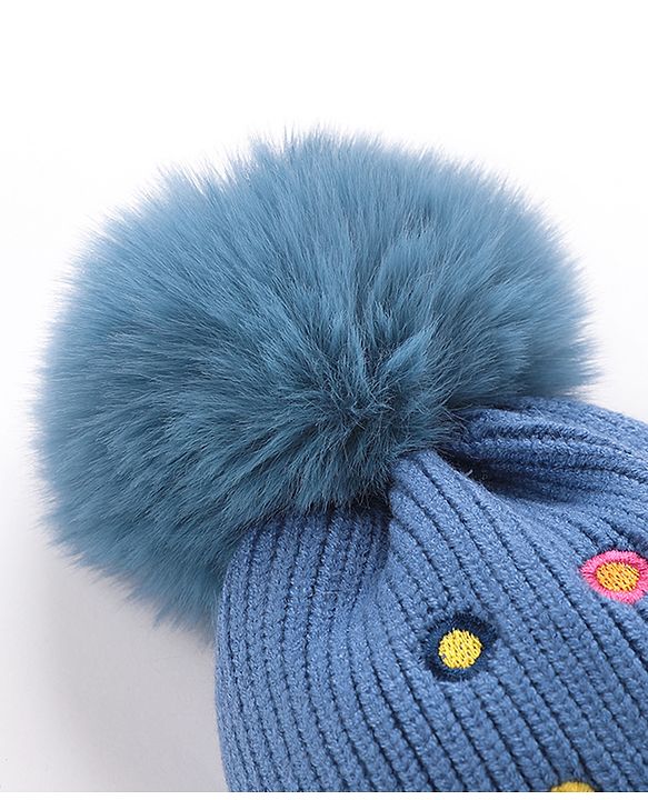 Babyhug Pom Pom Woollen Cap Smiley Embroidery - Blue