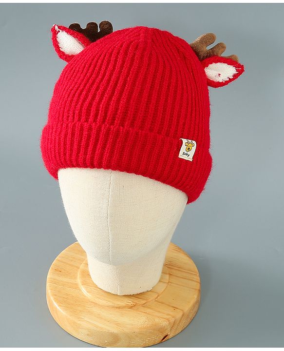 Babyhug Woollen Cap With Reindeer Design - Red