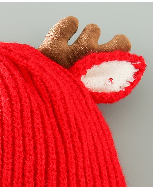 Babyhug Woollen Cap With Reindeer Design - Red