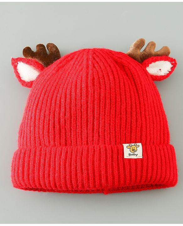 Babyhug Woollen Cap With Reindeer Design - Red