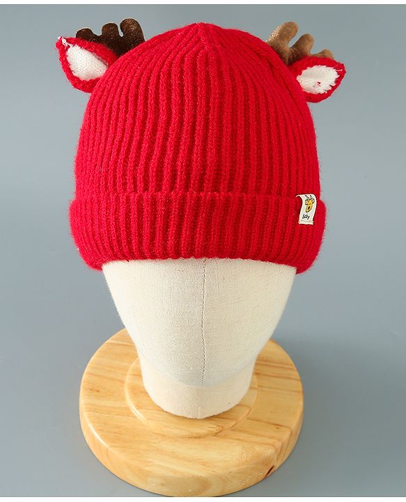 Babyhug Woollen Cap With Reindeer Design - Red