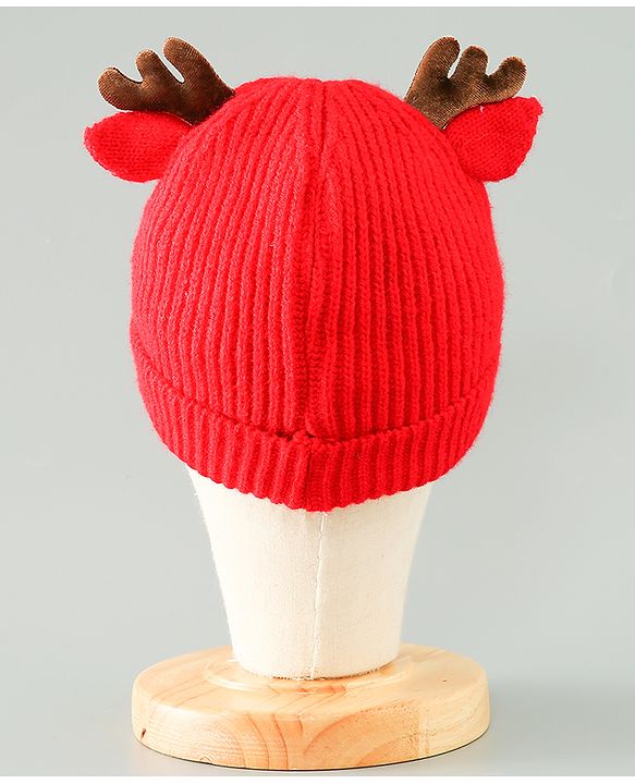 Babyhug Woollen Cap With Reindeer Design - Red