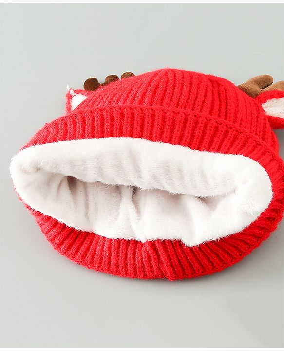 Babyhug Woollen Cap With Reindeer Design - Red