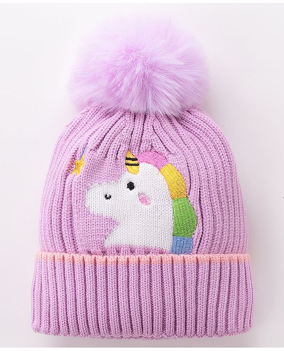 Babyhug Pom Pom Woolen Cap Unicorn Design - Purple